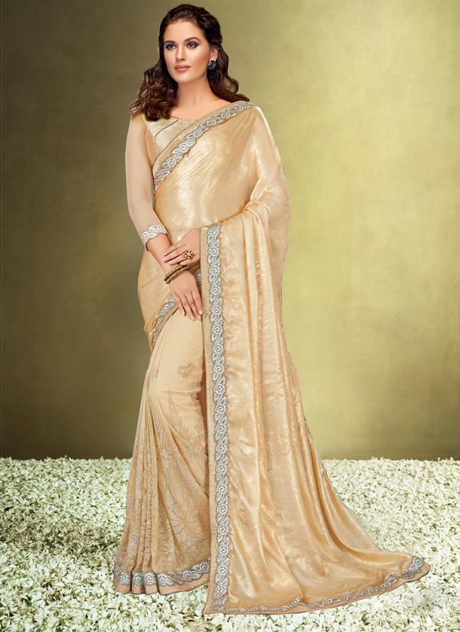 Sattin Silk Cream Wedding Wear Embroidery Work Saree